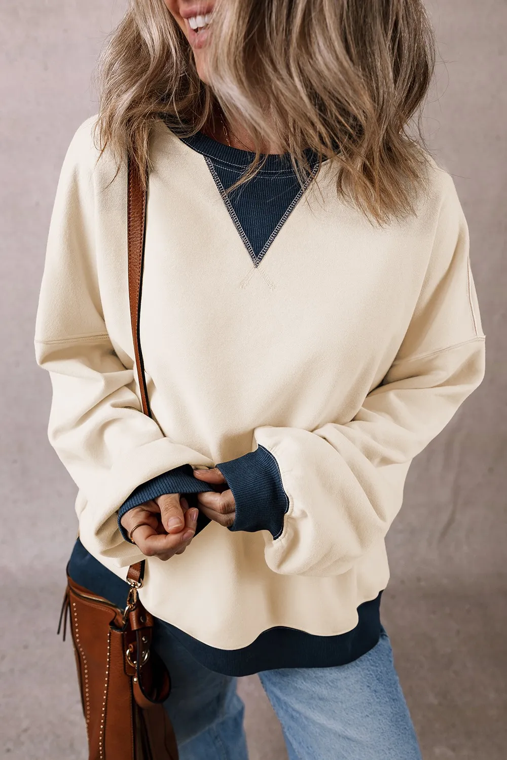 Contrast Round Neck Long Sleeve Sweatshirt, image 7