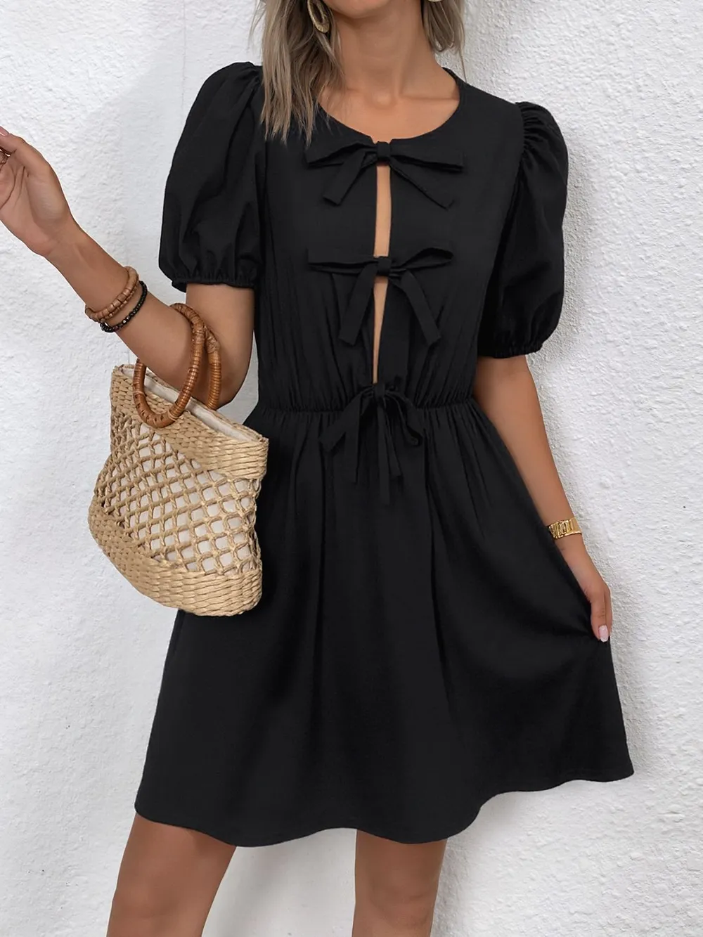 Tie Front Puff Sleeve Mini Dress, image 5