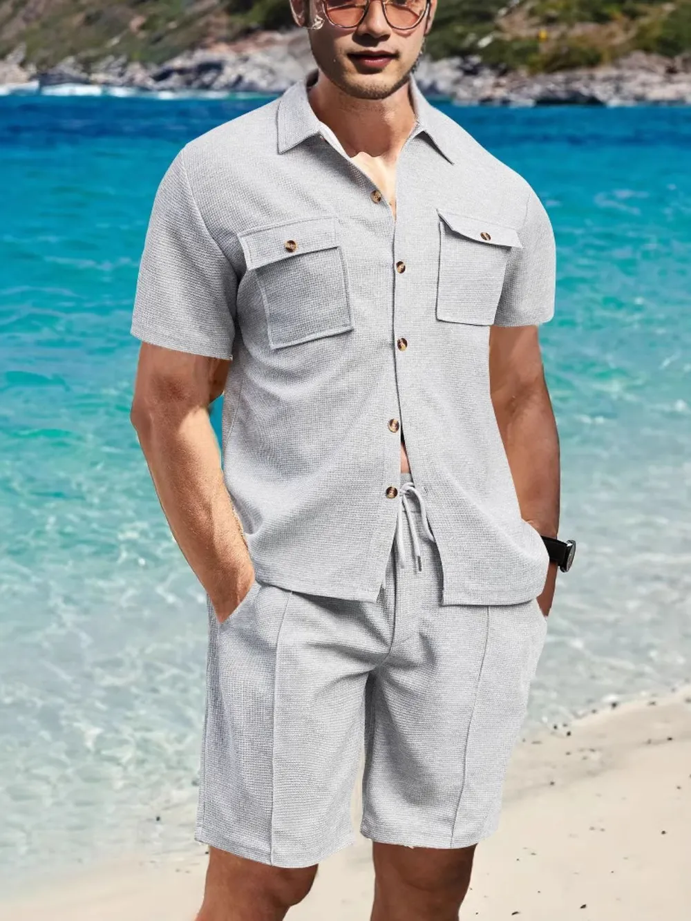 Men's Full Size Button Down Short Sleeve Top and Shorts Set Plus Size, image 6