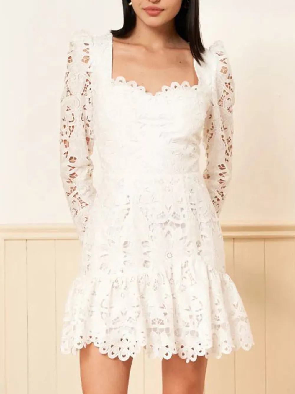 Lace Long-Sleeve Mini Dress with Scalloped Neckline, image 2