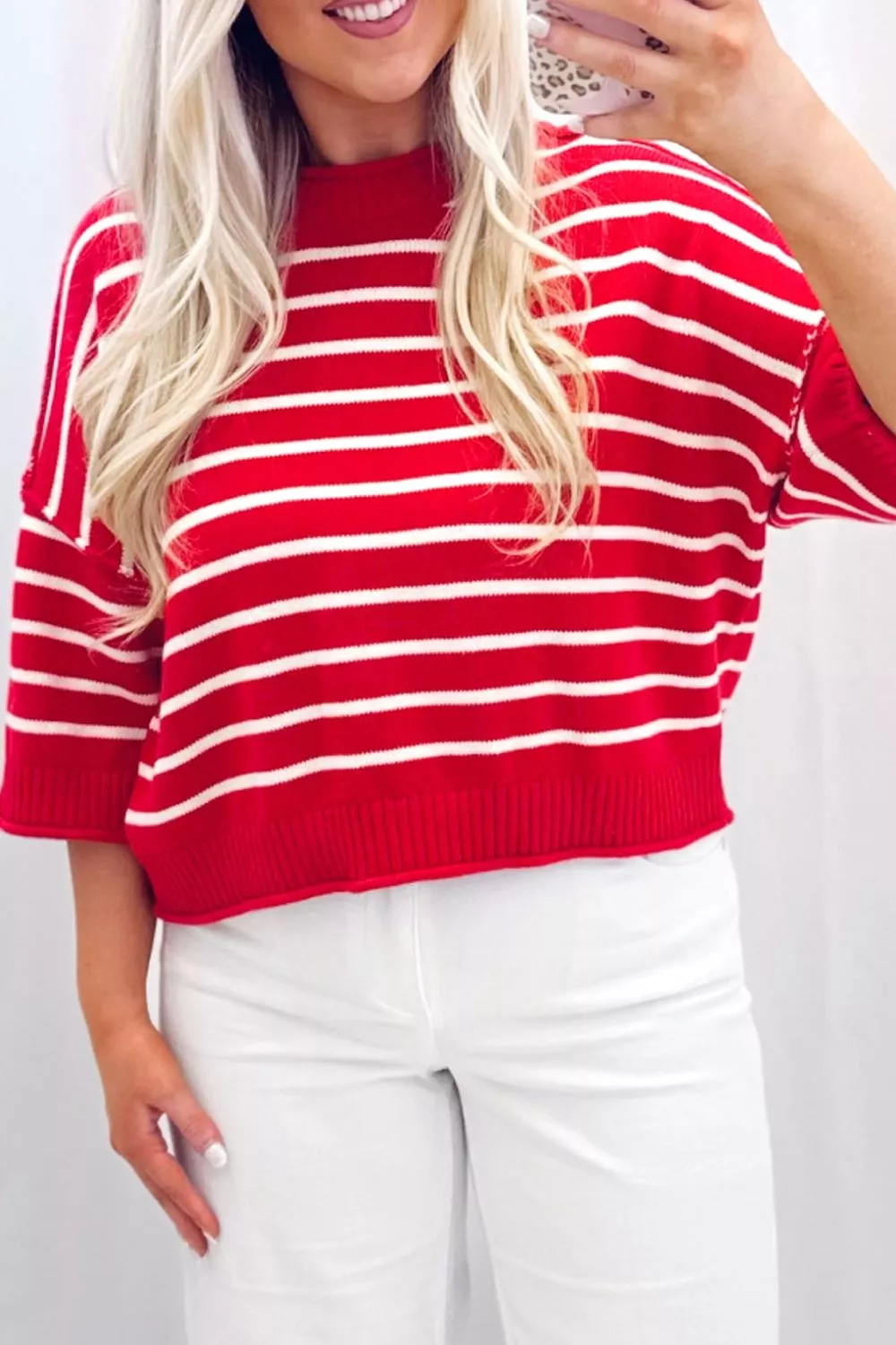 Stripe Dropped Shoulder Half Sleeve Relaxed Knit Sweater, image 3