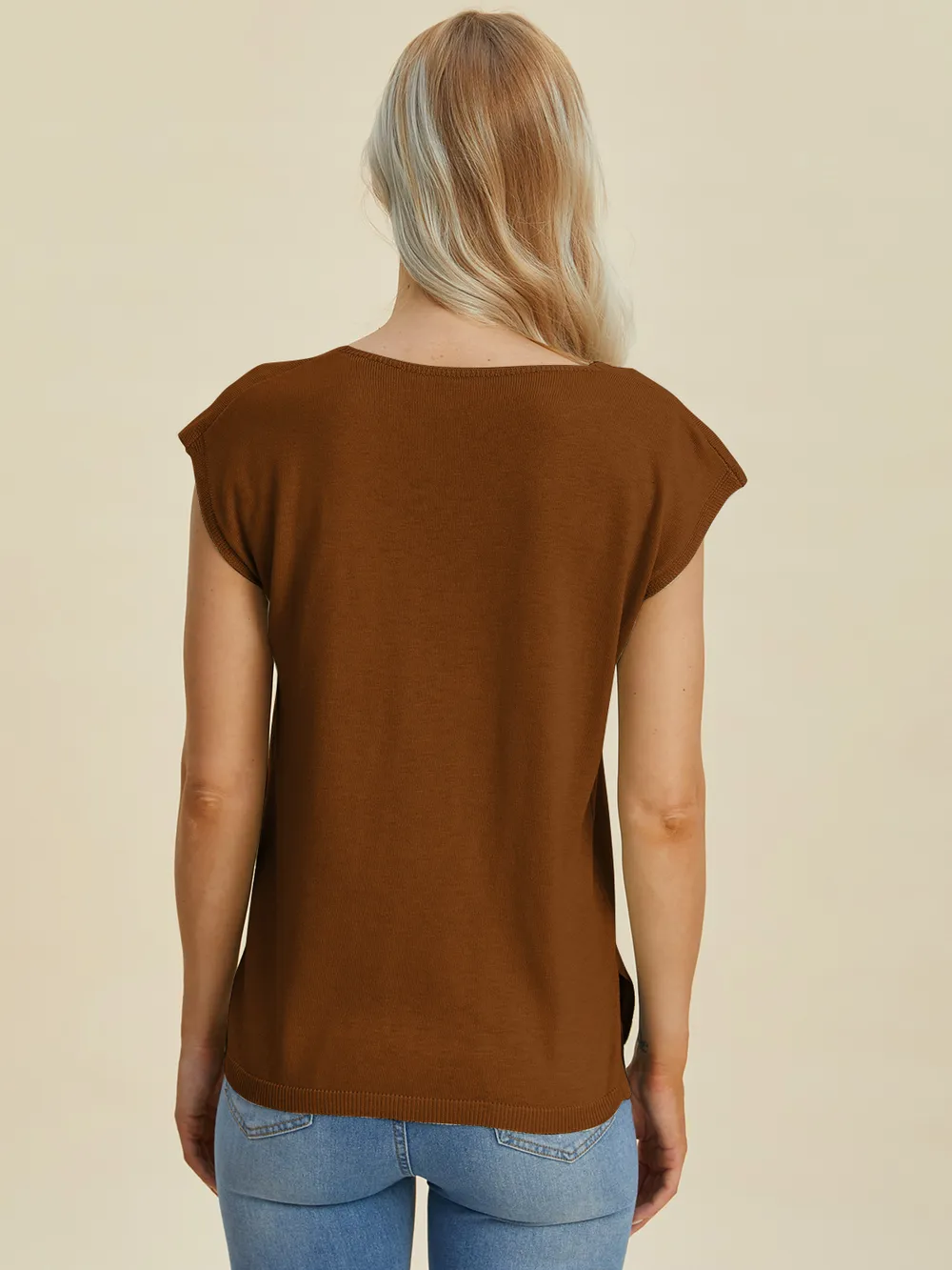 Full Size Notched Cap Sleeve Knit Top, image 8