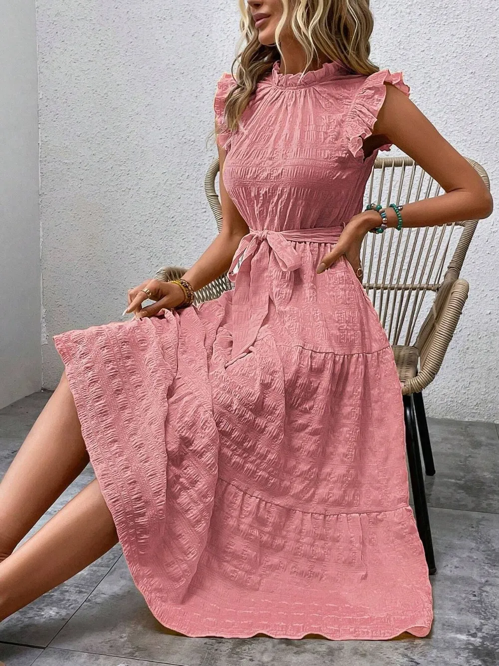 Tied Ruffled Cap Sleeve Midi Dress, image 17