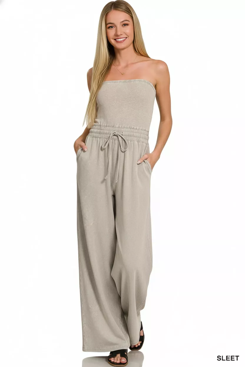 Acid Washed Strapless Tube Top Jumpsuit, image 2