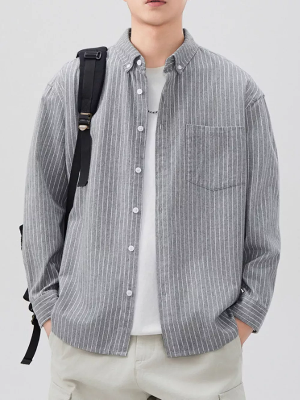 Men's Plus Size Striped Button Up Long Sleeve Shirt, image 2