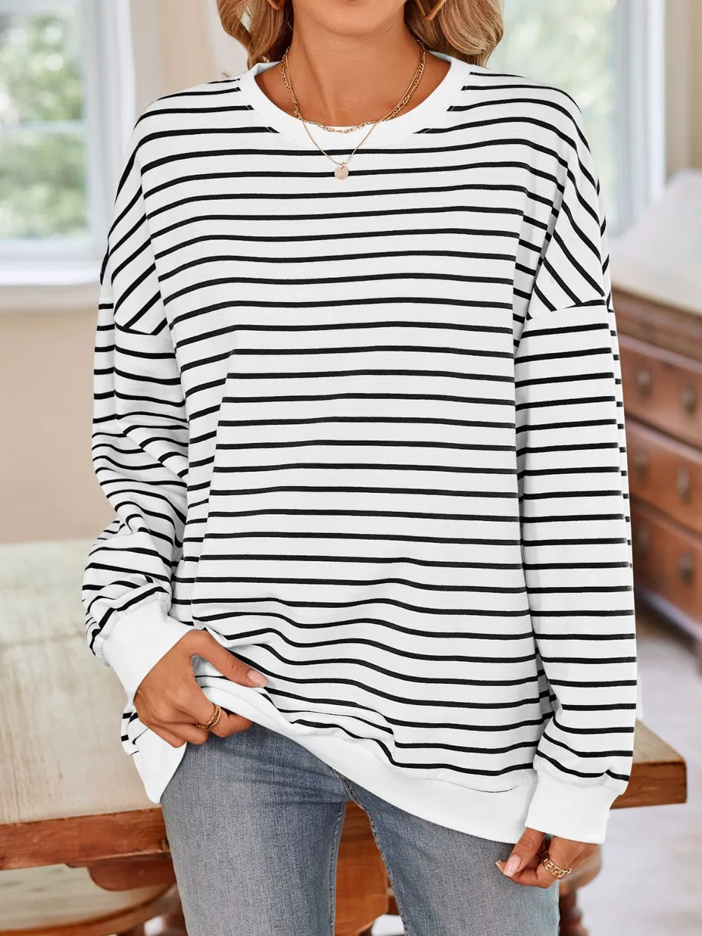 Striped Round Neck Long Sleeve Sweatshirt, image 5