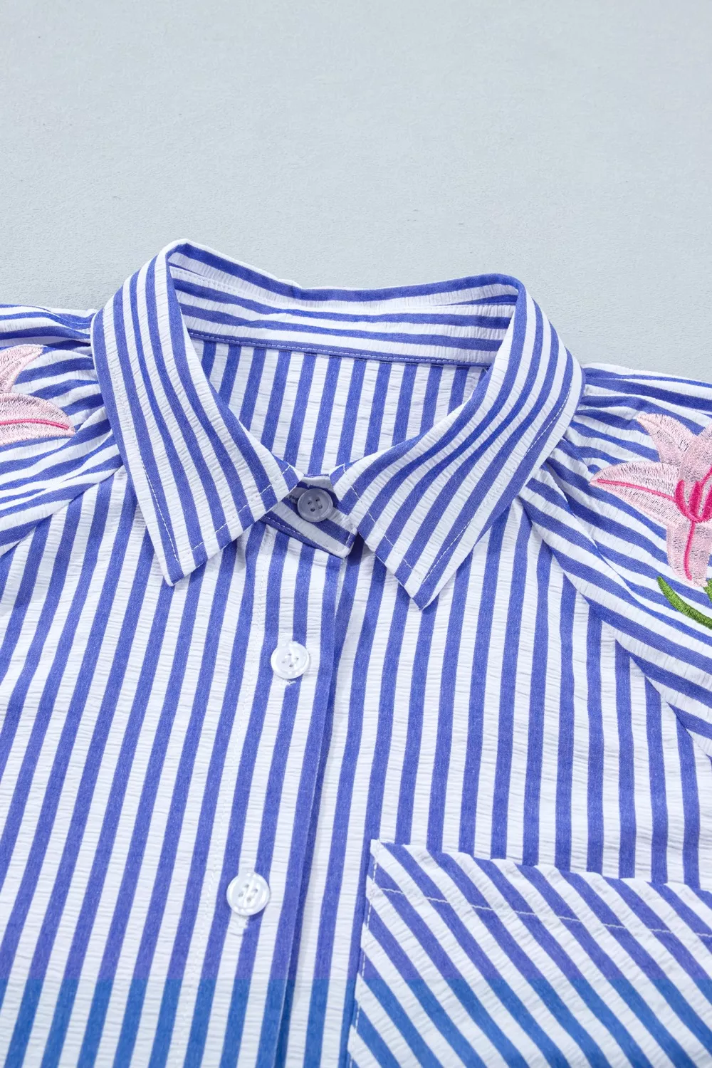 Striped Floral Embroidered Puff Sleeve Button Down Shirt, image 6