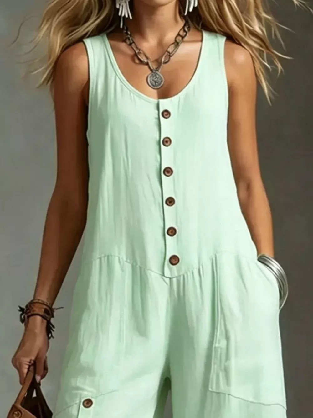 Full Size Sleeveless Button-Down Wide-Leg Jumpsuit Plus Size, image 8