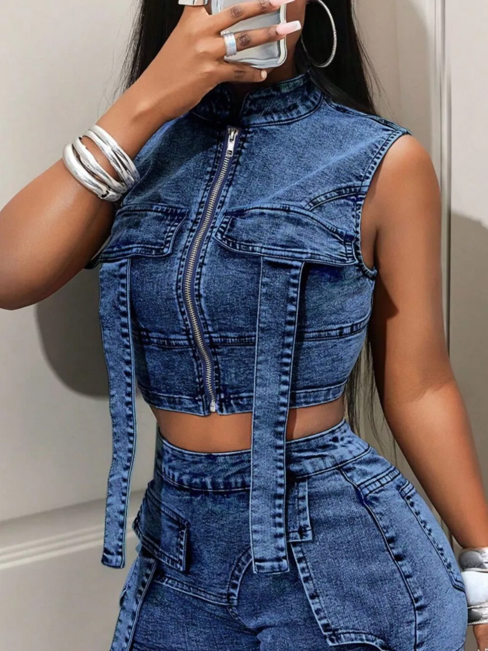 Sleeveless Zip-Up Denim Crop Top, image 4