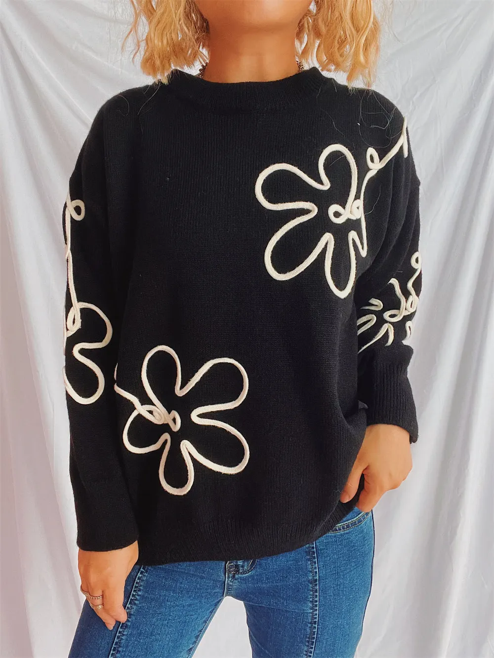 Flower Round Neck Long Sleeve Sweater, image 6