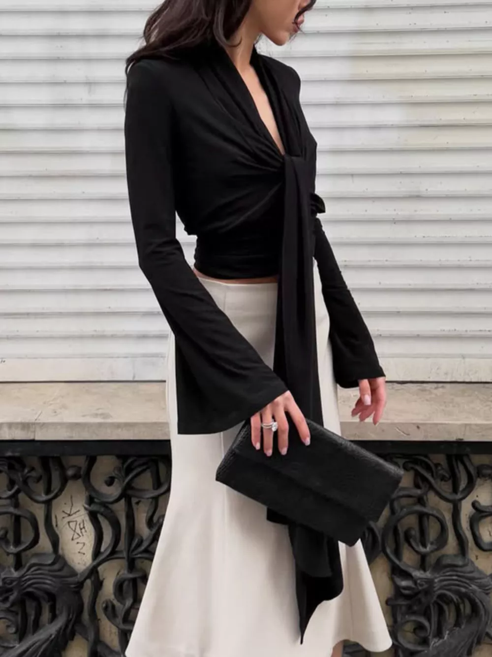Front Tie Detail Flare Sleeve Blouse, image 7