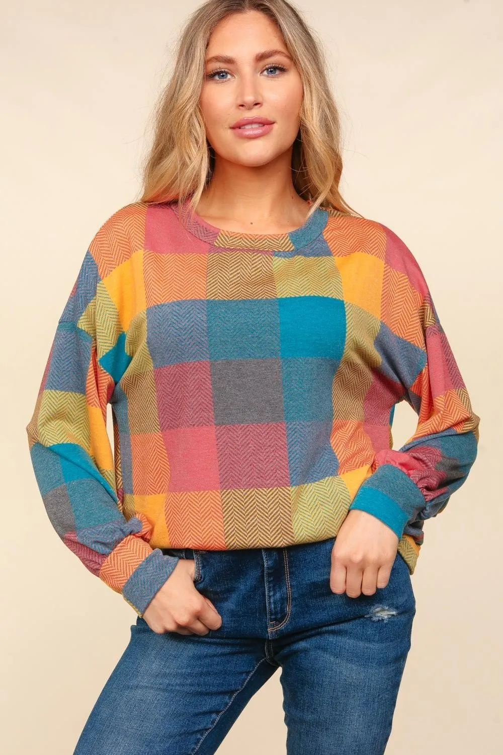 Round Neck Color Block Plaid Top, image 5