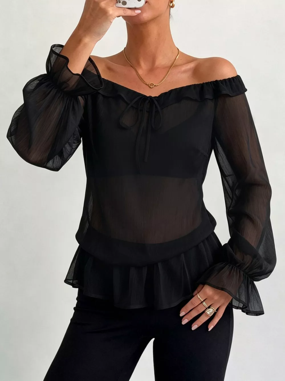 Off-Shoulder Flounce Sleeve Chiffon Blouse, image 2