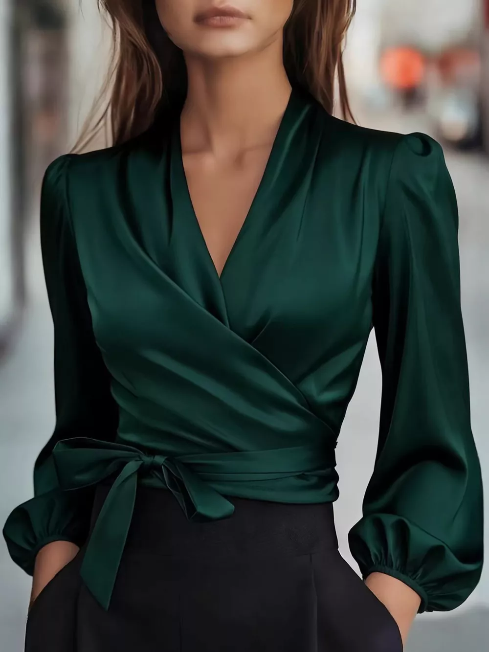Elegant Satin Wrap Blouse with Bow Detail, image 6