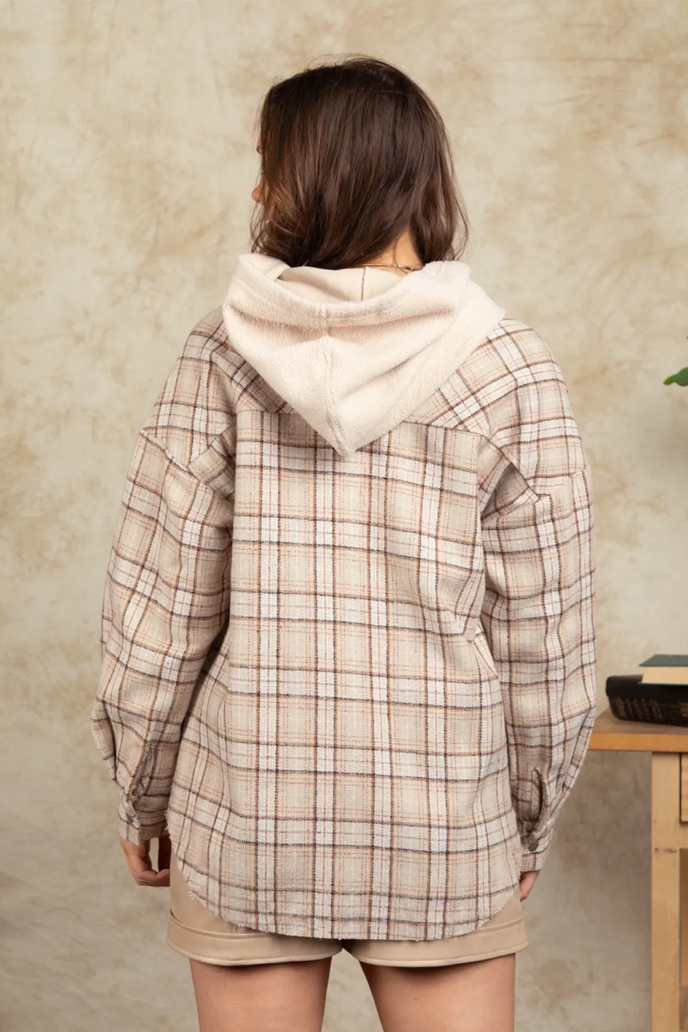 Drawstring Plaid Long Sleeve Hooded Jacket, image 15