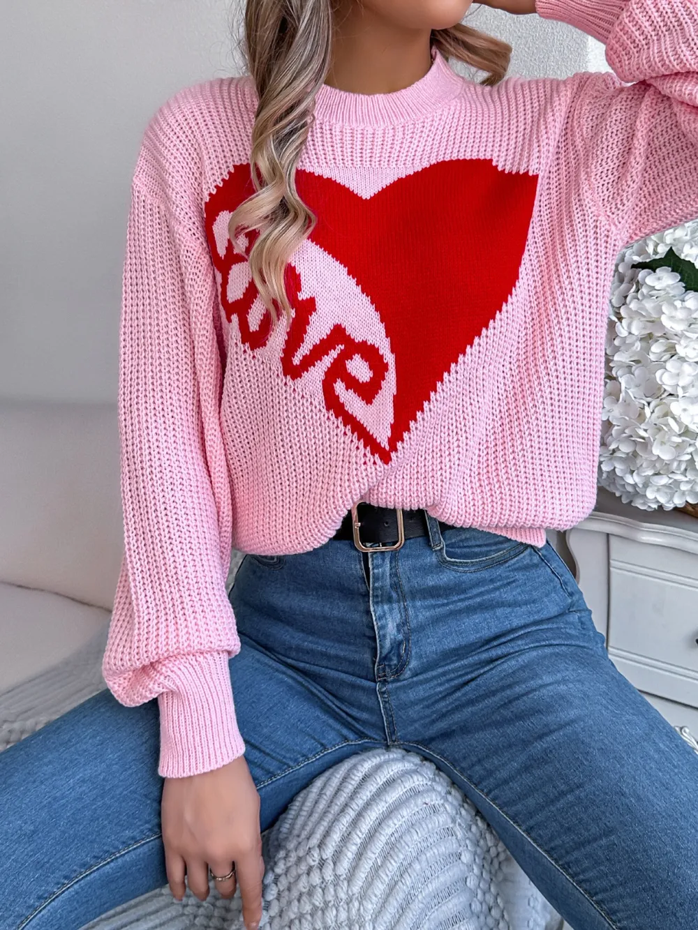 LOVE Heart Round Neck Dropped Shoulder Sweater, image 7