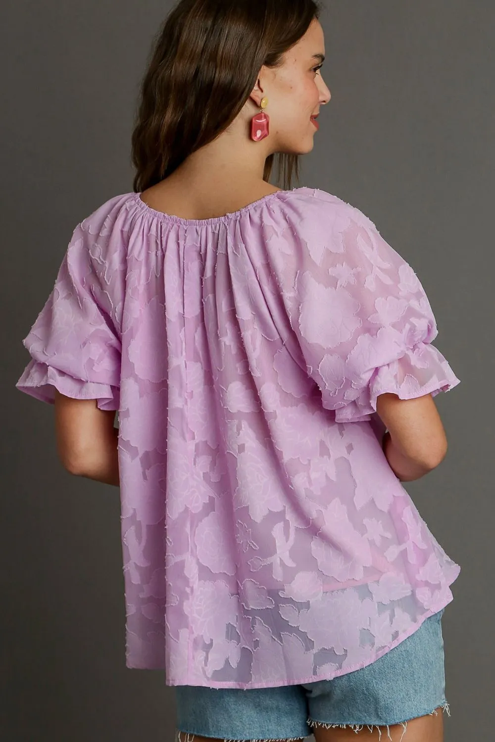 Full Size Jacquard Round Neck Ruffled Puff Sleeve Blouse Plus Size, image 4