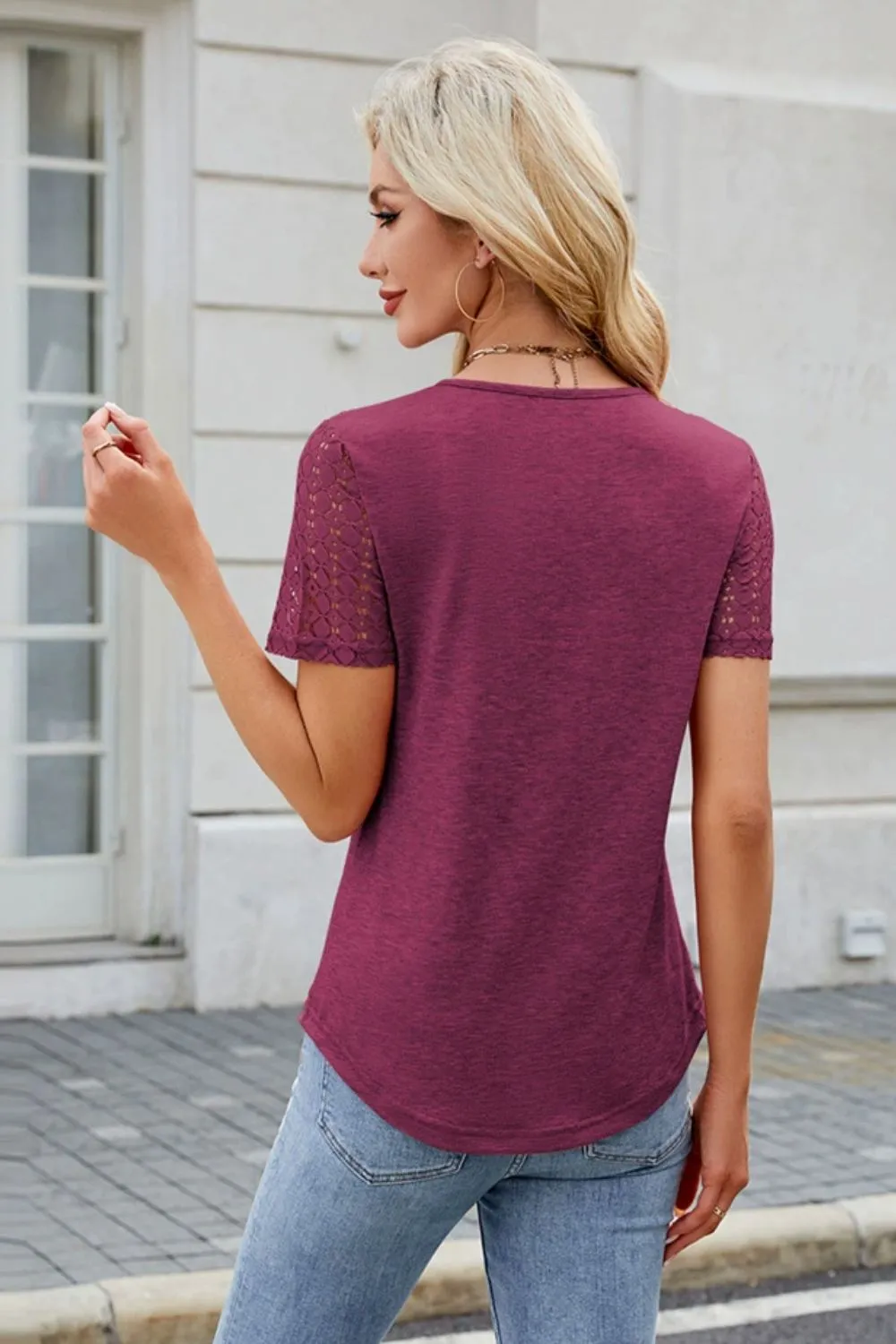Smocked Round Neck Short Sleeve T-Shirt, image 6