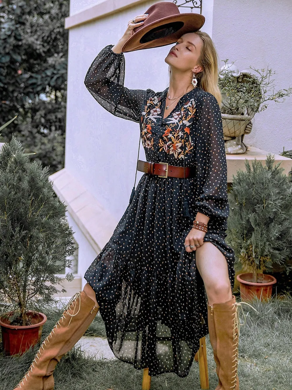 Embroidered Polka Dot Tie Neck Long Sleeve Midi Dress, image 4