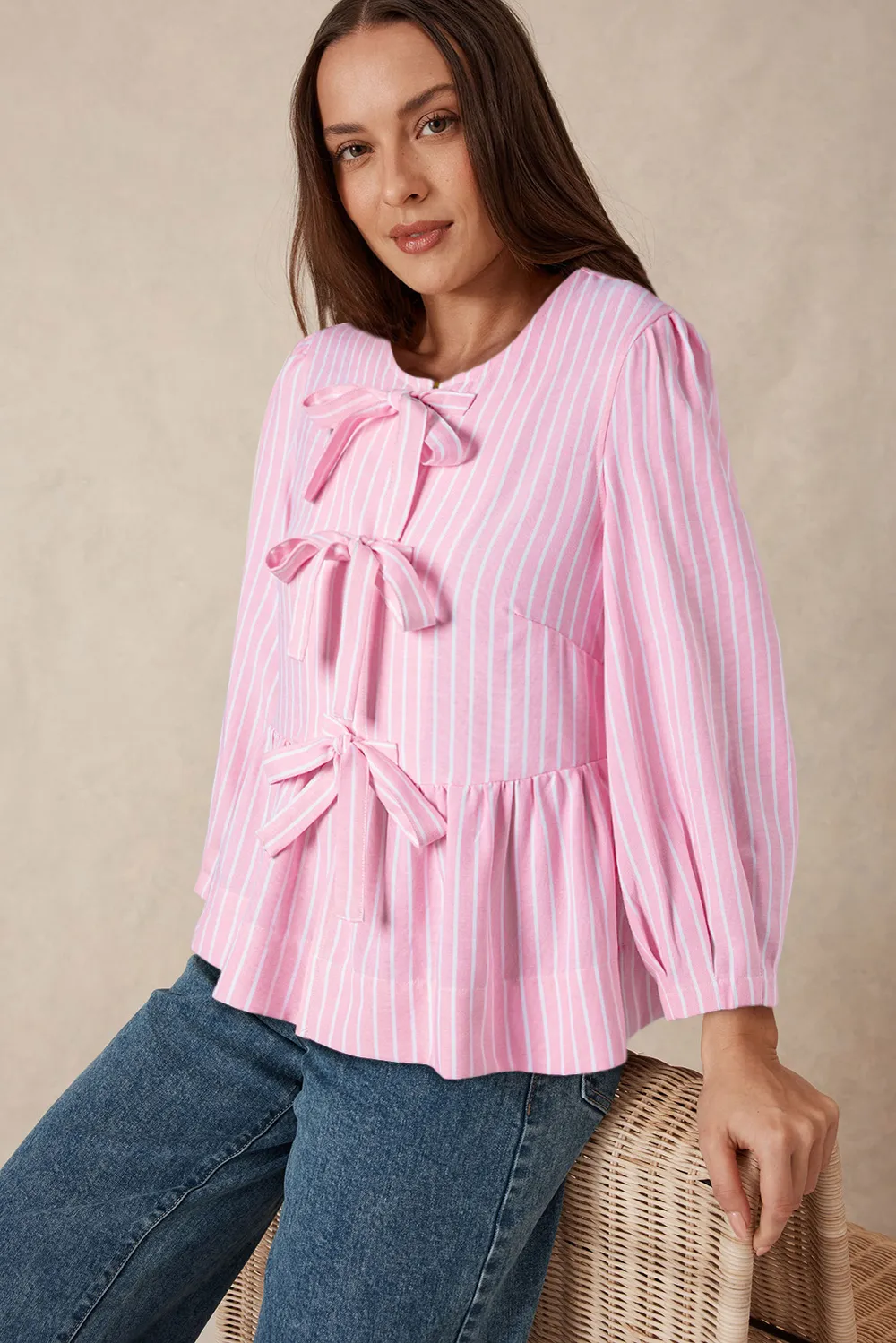Tied Bow Striped Round Neck Blouse, image 10