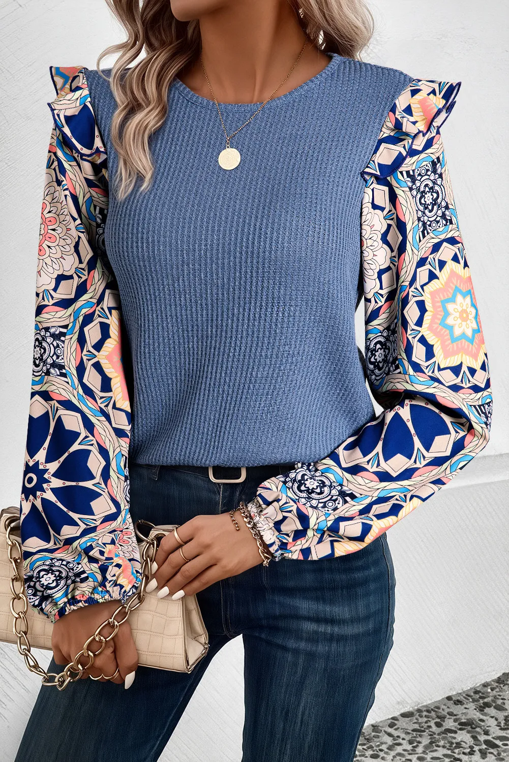 Ruffled Printed Round Neck Long Sleeve Top, image 5