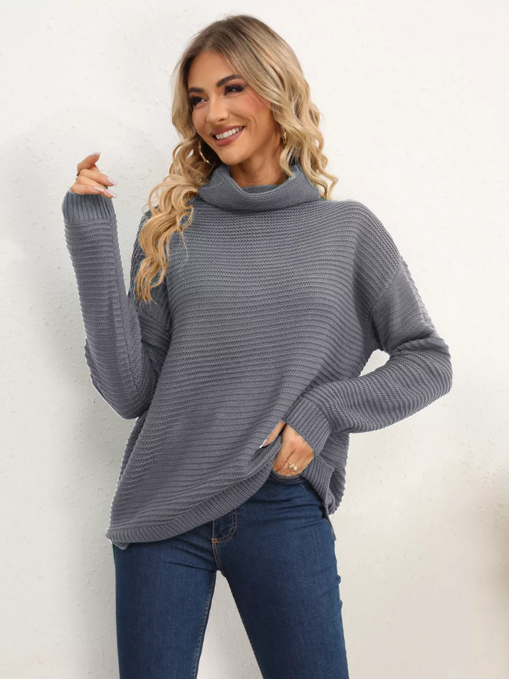 Slit Turtleneck Dropped Shoulder Sweater, image 20