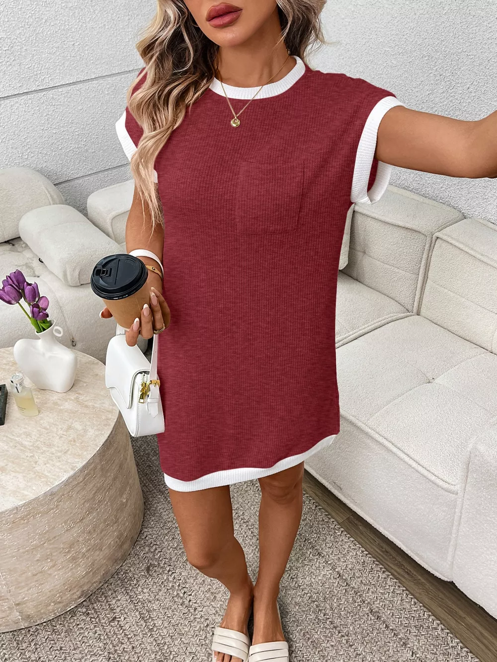 Contrast Trim Ribbed Knit Mini Dress with Pocket, image 20