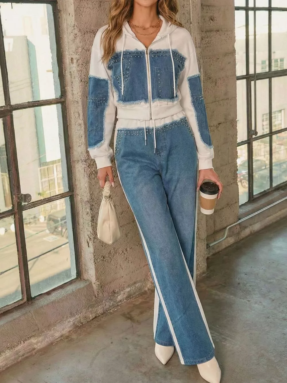 Full Size Studded Denim Patchwork Hoodie and Joggers Set Plus Size, image 2