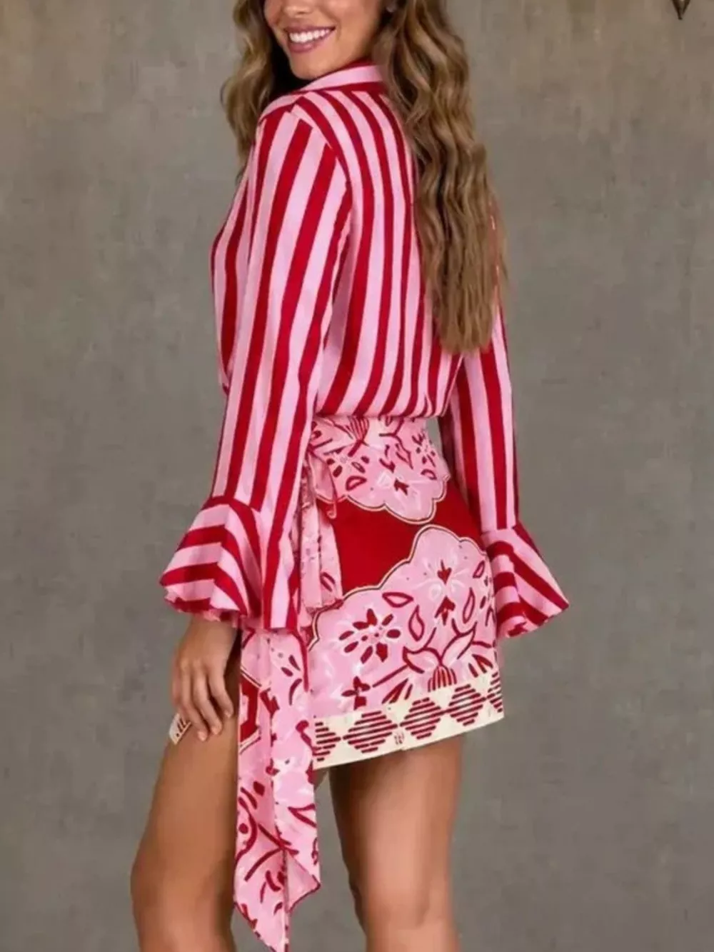 Striped Bell Sleeve Shirt and Skirt Set, image 2