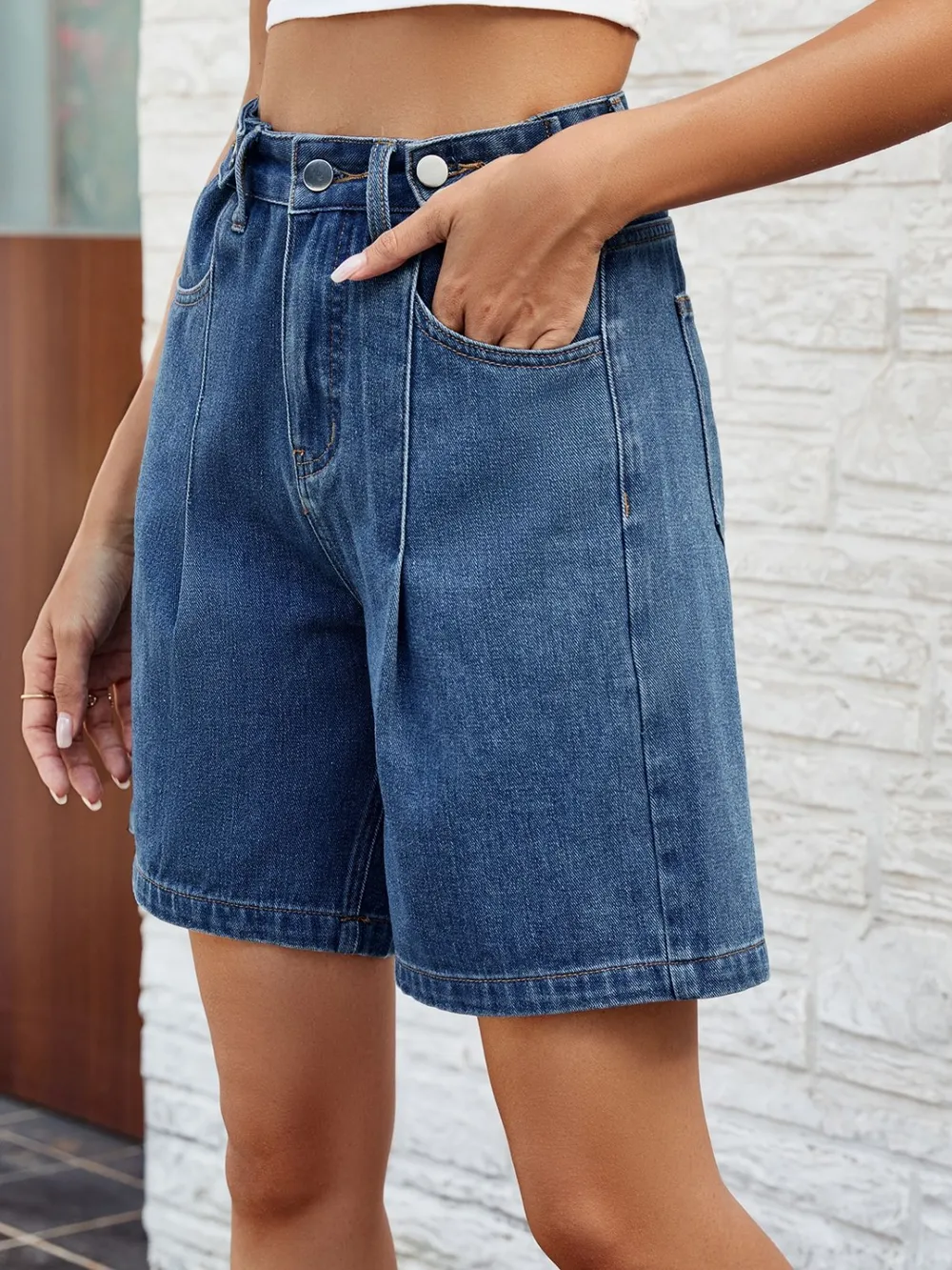 High Waist Denim Shorts with Pockets, image 5