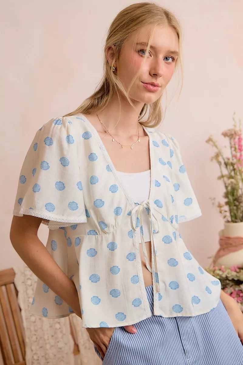 Shell Print Tie Front Flutter Sleeves Blouse Top, image 14