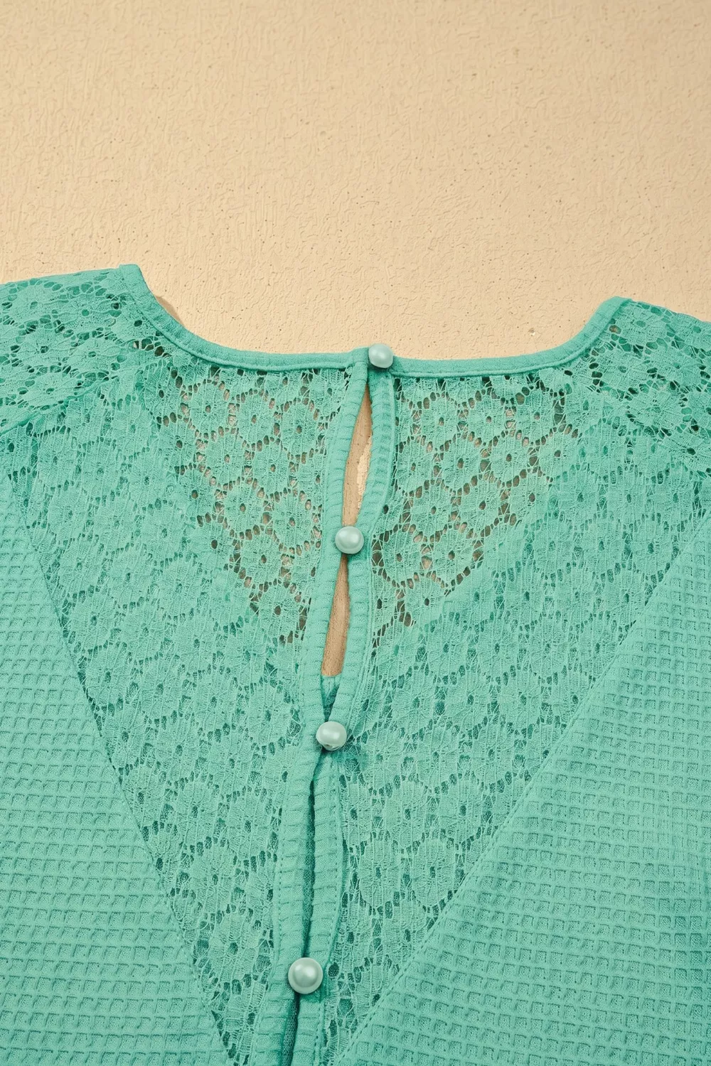 Lace Splicing Button Cutout V Neck Waffle Knit Blouse, image 8