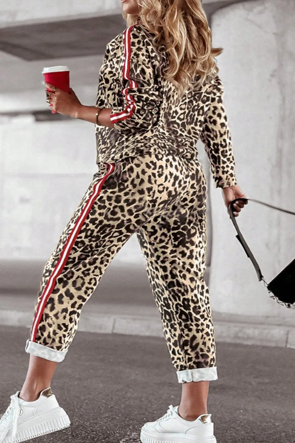 Plus Size Leopard Round Neck Top and Pants Set, image 5