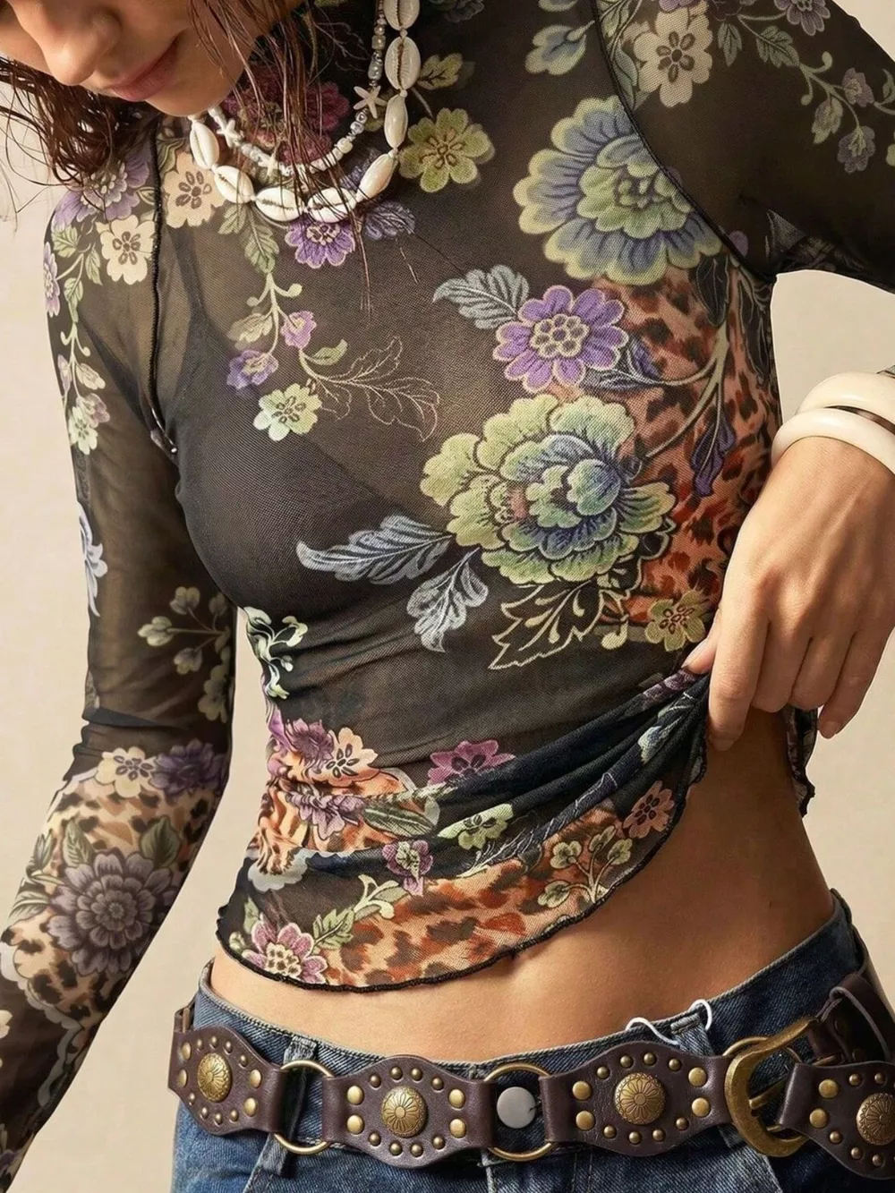 Floral Mesh Long Sleeve Top, image 5