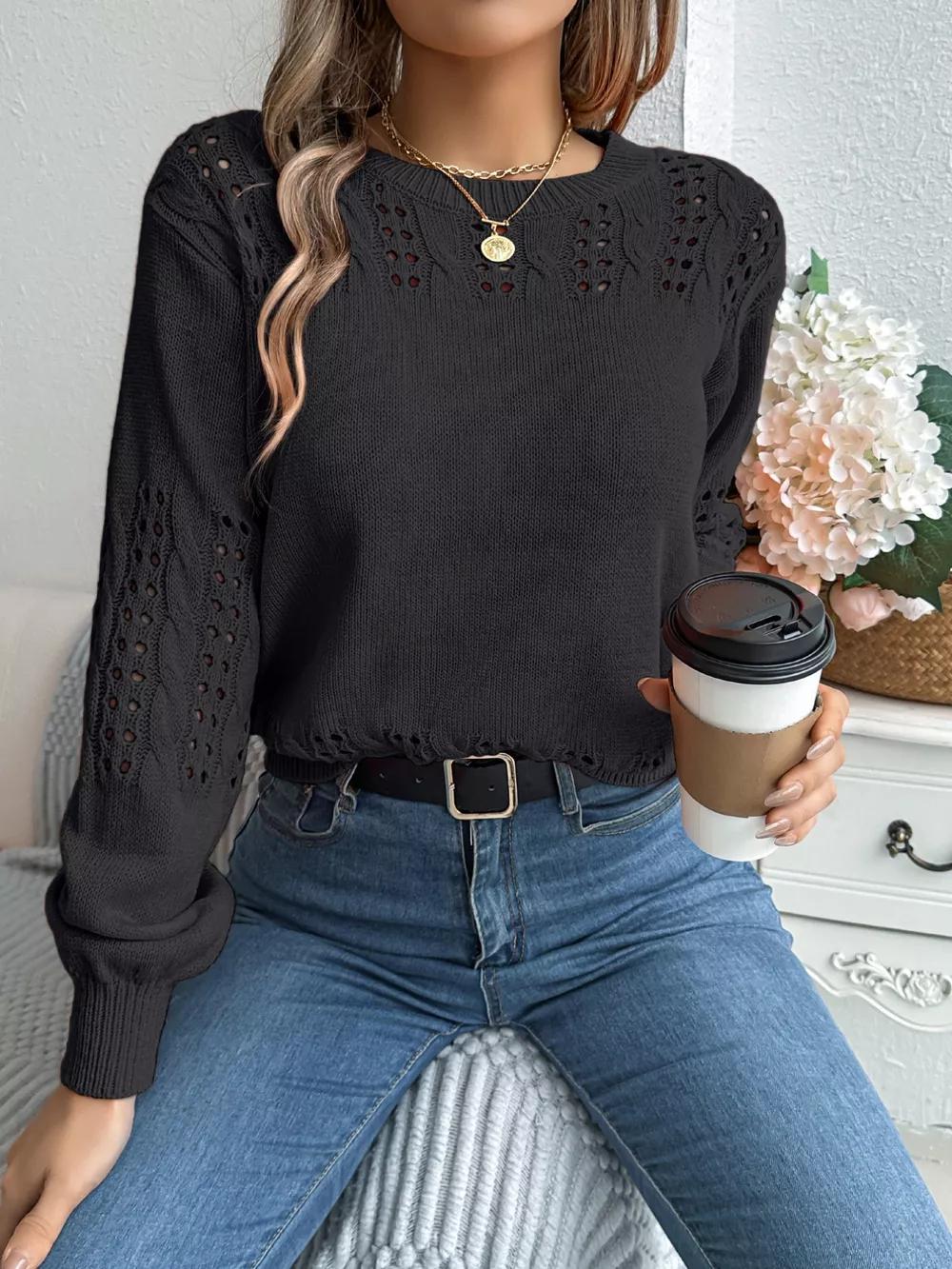 Hollow Out Eyelet Long Sleeve Sweater, image 12