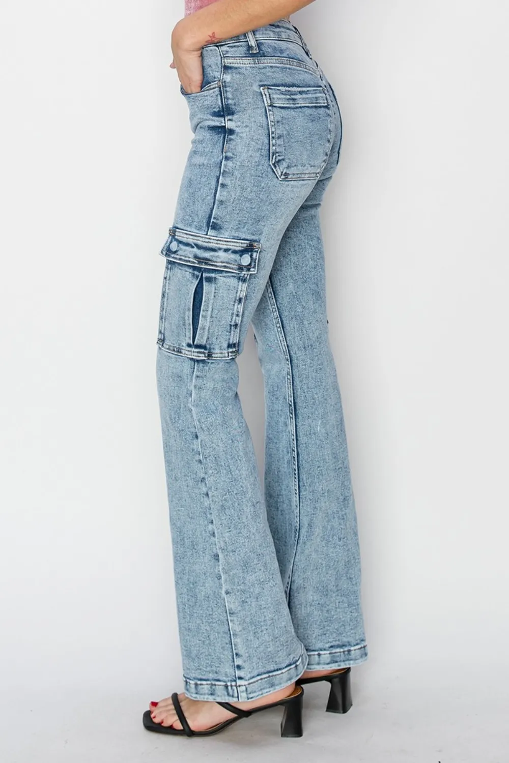 Full Size High Rise Cargo Flare Jeans, image 4