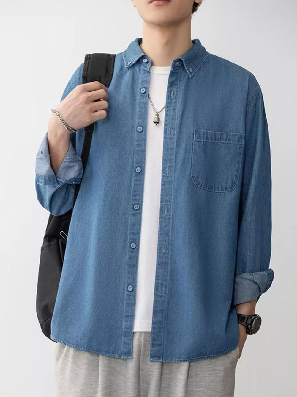 Men's Plus Size Button Up Long Sleeve Denim Shirt, image 6