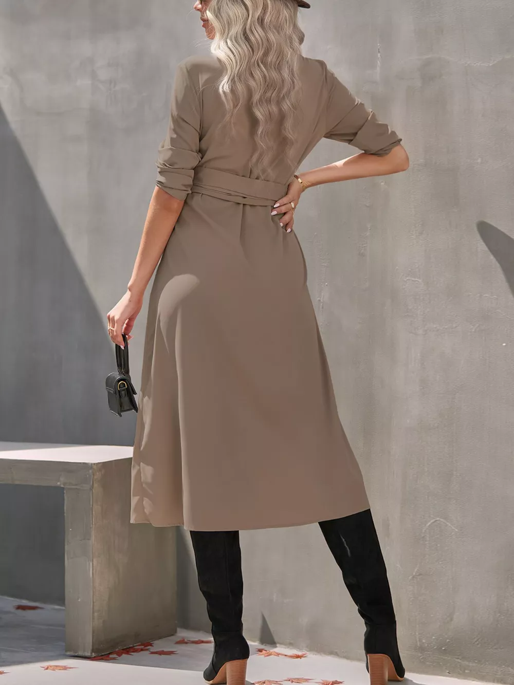 Full Size Tie Waist Long Sleeve Shirt Dress Plus Size, image 5