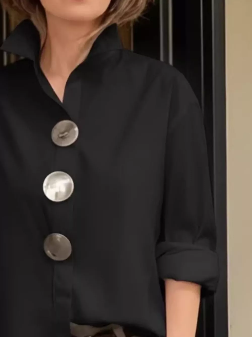 Full Size Oversized Metal Button Long Sleeve Shirt Plus Size, image 4