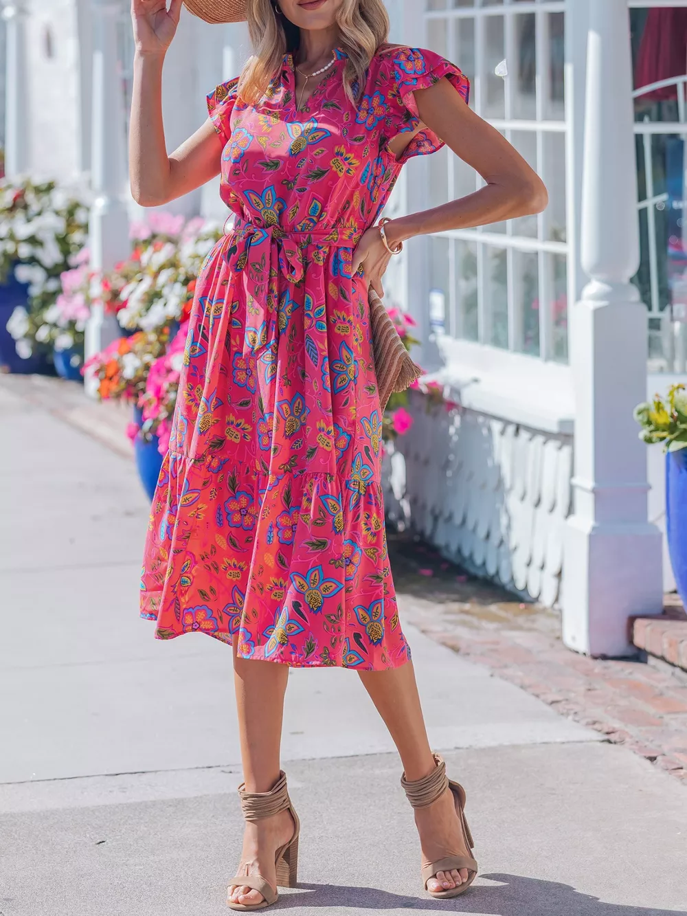 Flutter Sleeve Belted Floral Dress, image 5