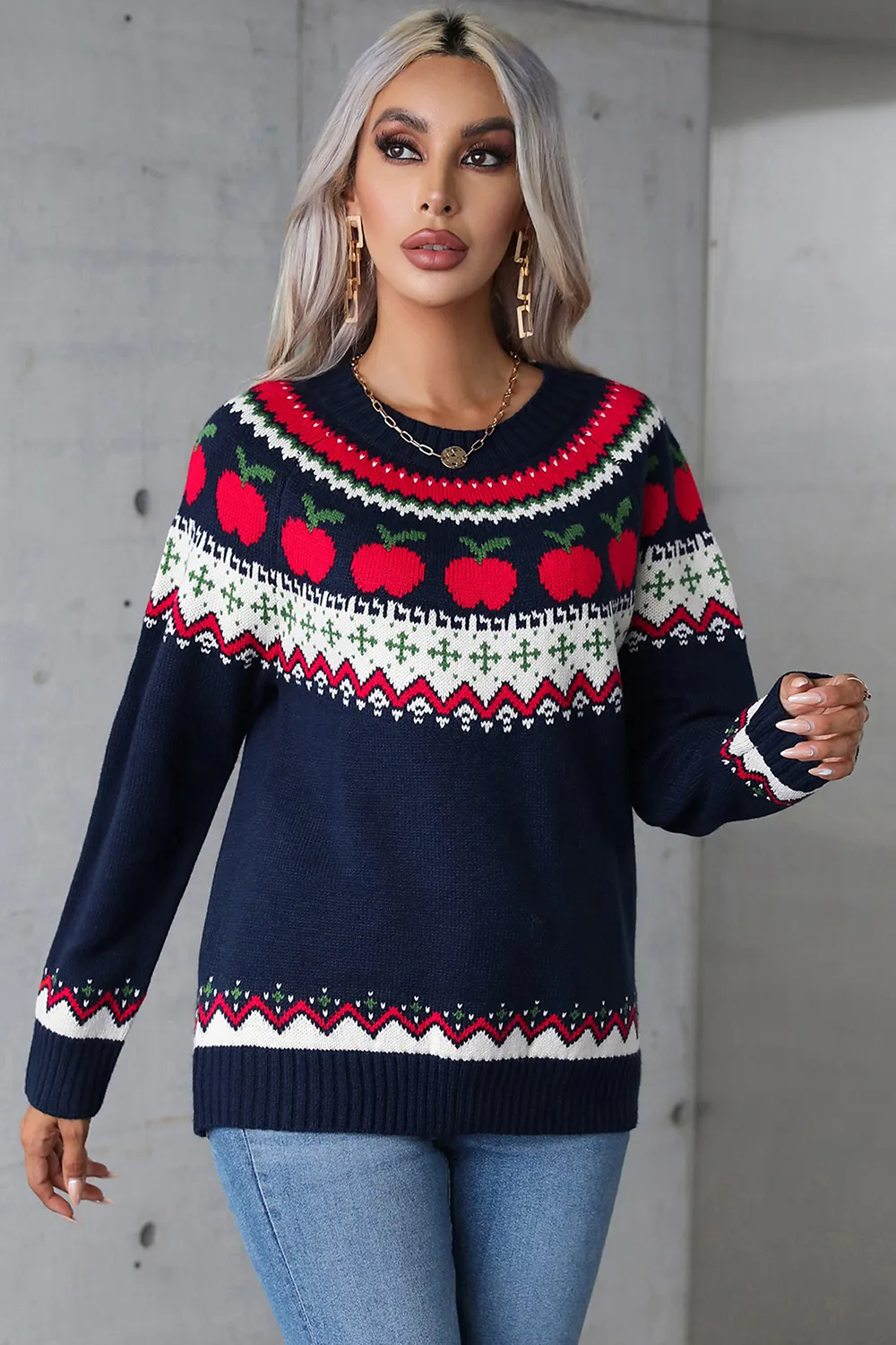 Graphic Round Neck Long Sleeve Sweater, image 4