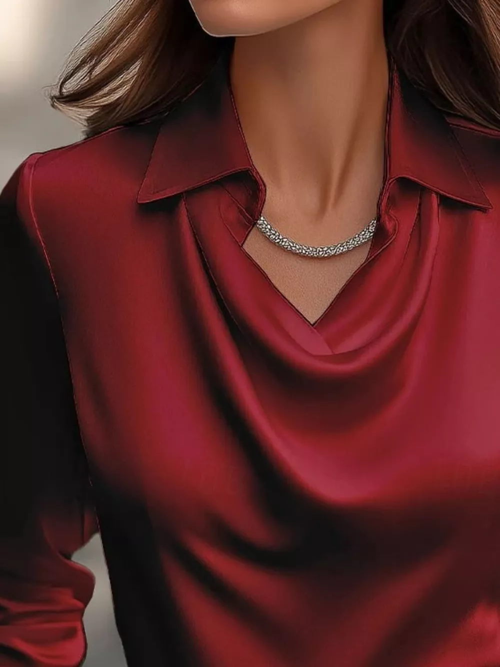 Ruched Long Sleeve Drape Collar Blouse, image 6