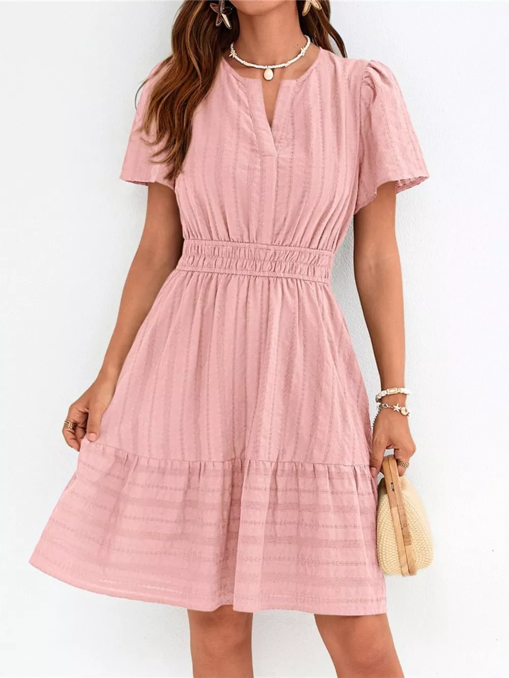 Short Sleeve Smocked Waist Tiered Dress, image 24