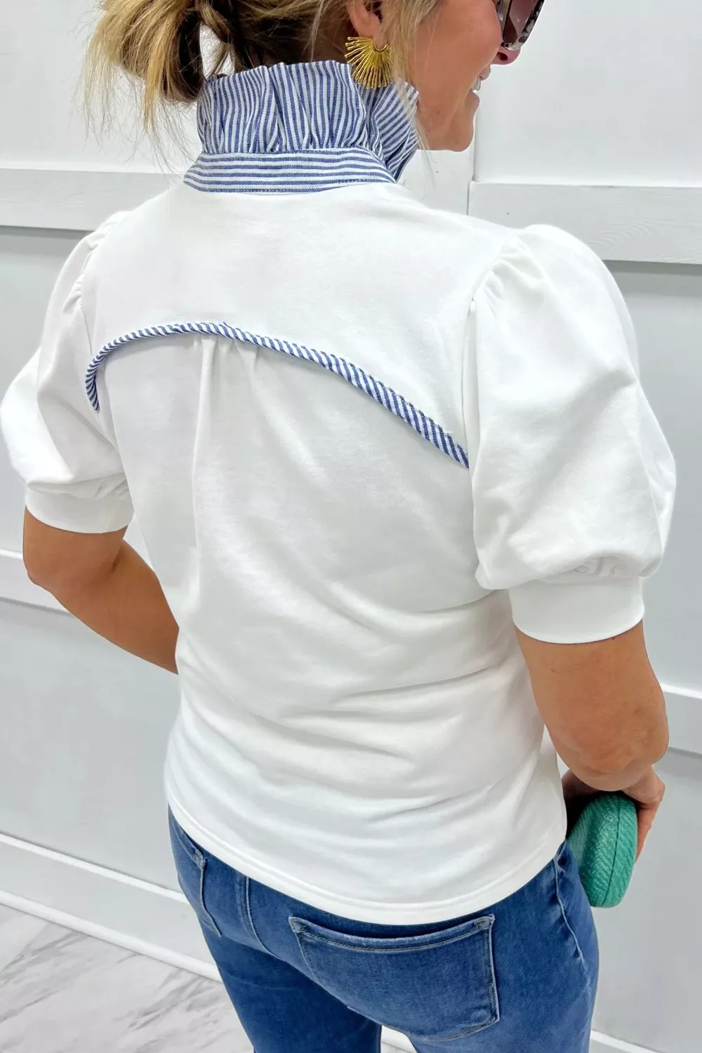 Striped Collar Puff Sleeve Blouse, image 6