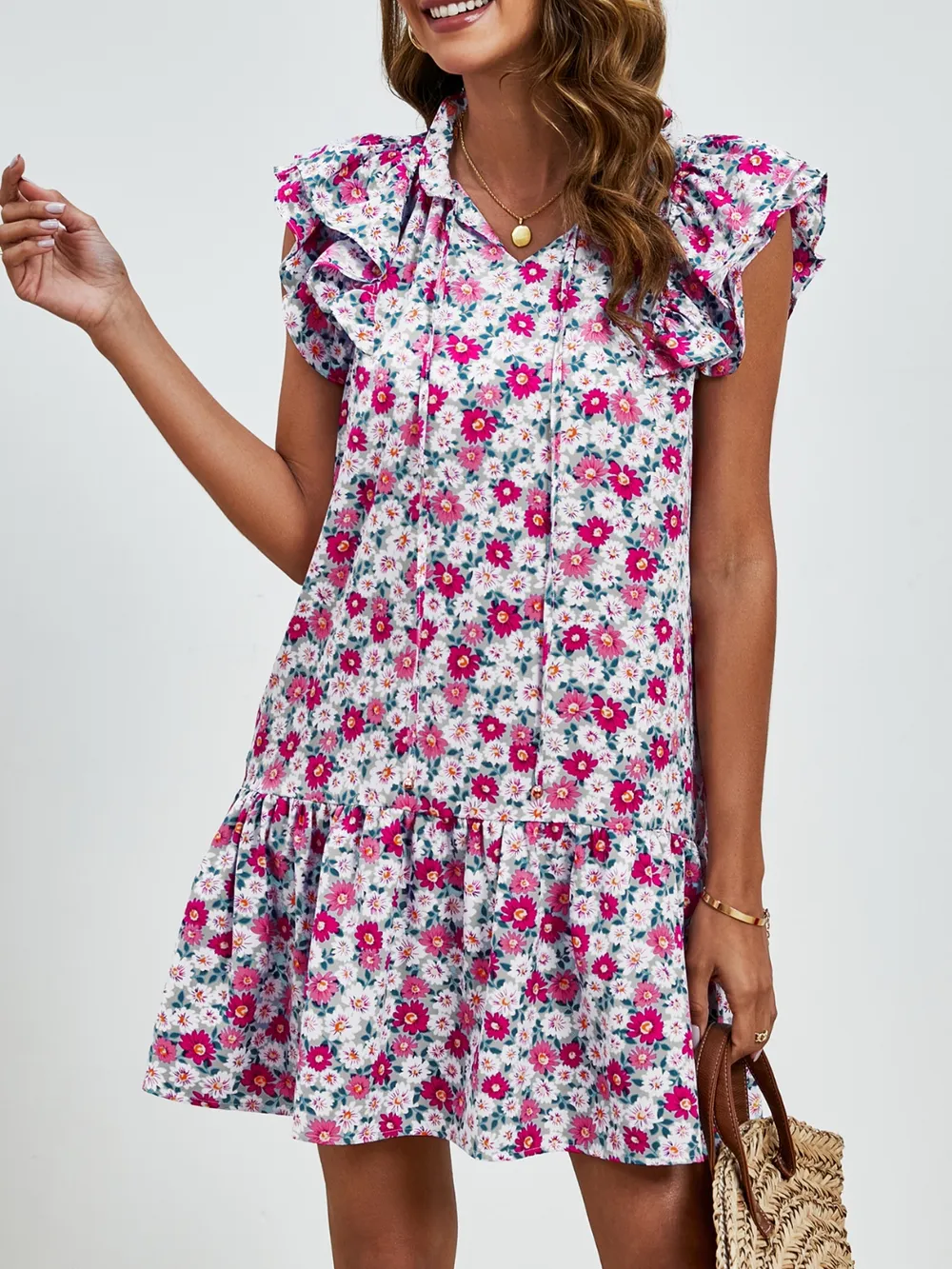Tied Floral Cap Sleeve Mini Dress, image 18