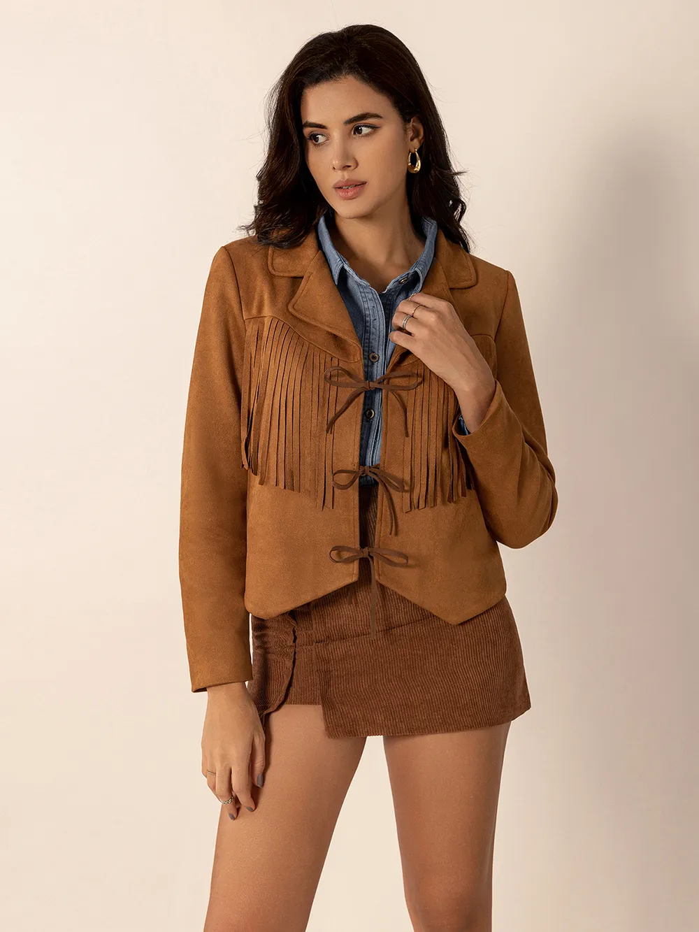 Tied Tassel Collared Neck Long Sleeve Jacket, image 6