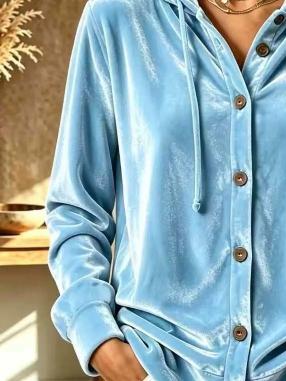Full Size Velvet Button-Down Hooded Top Plus Size, image 12
