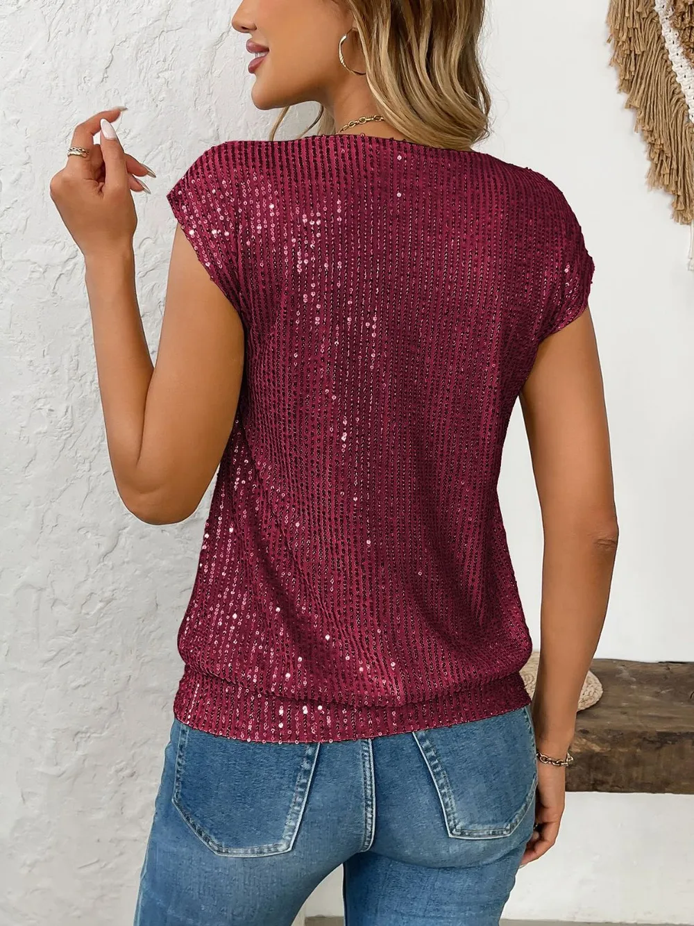 Sequin V-Neck Cap Sleeve Top, image 6