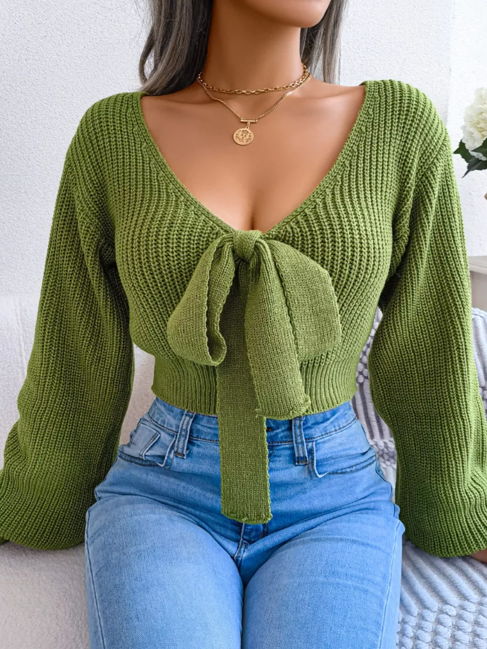 Tie-Front Cropped Sweater, image 2