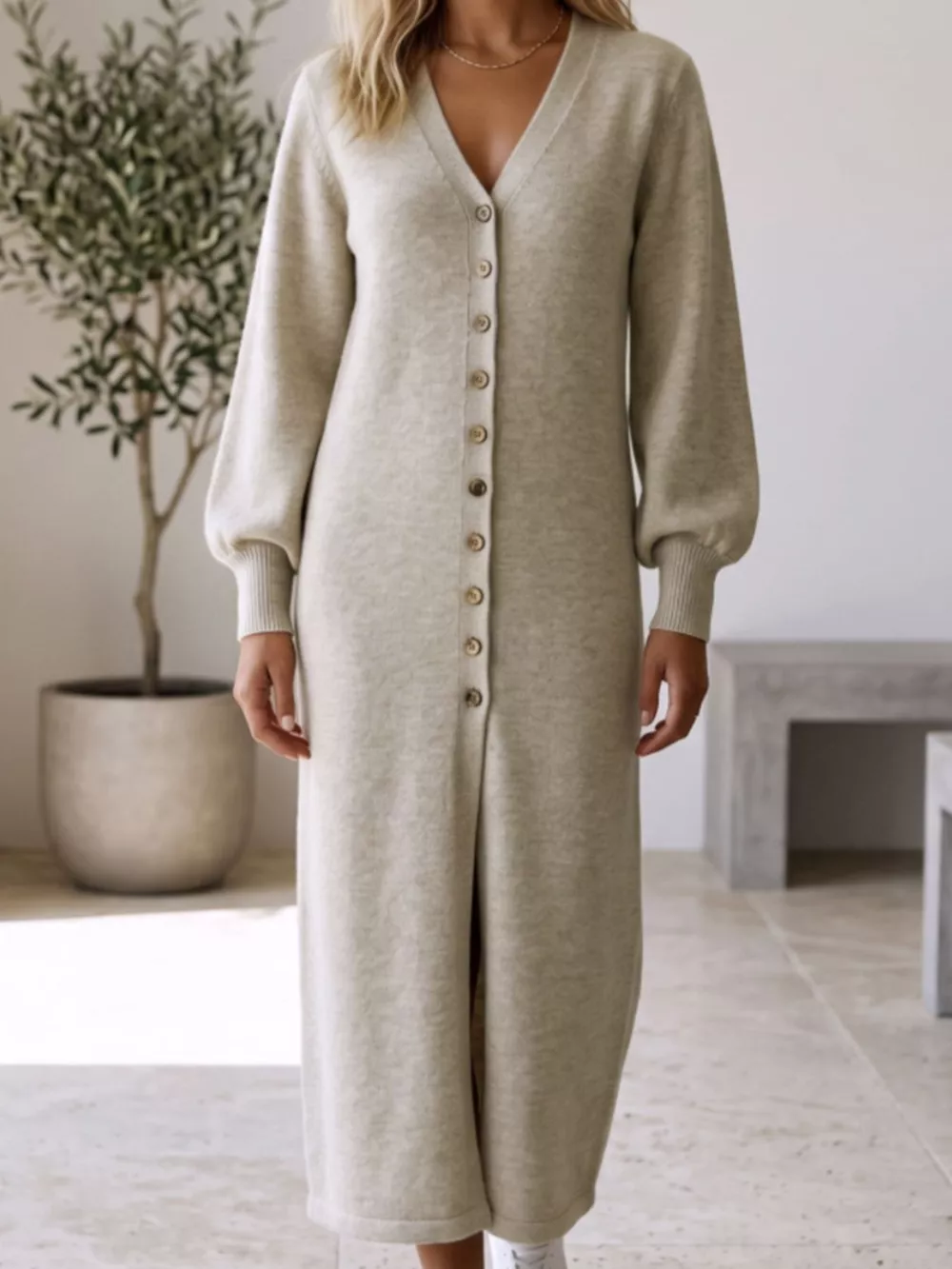 Button Front Long Sleeve Sweater Dress, image 2